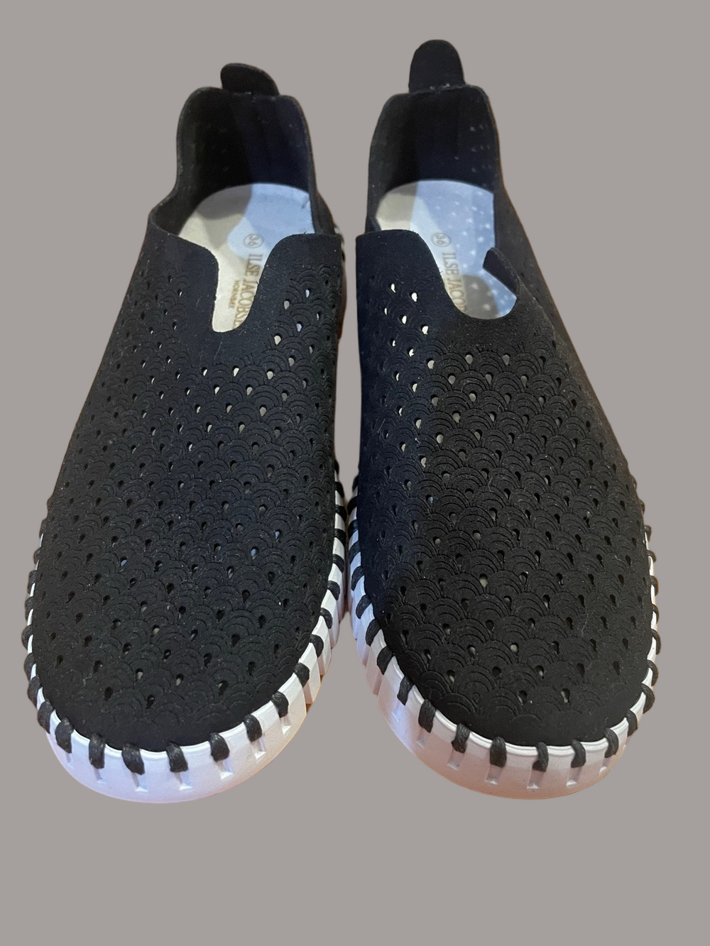 Ilse Jacobsen Black Perforated Slip-On Sneakers with White Accent Sole - Picture 3 of 9